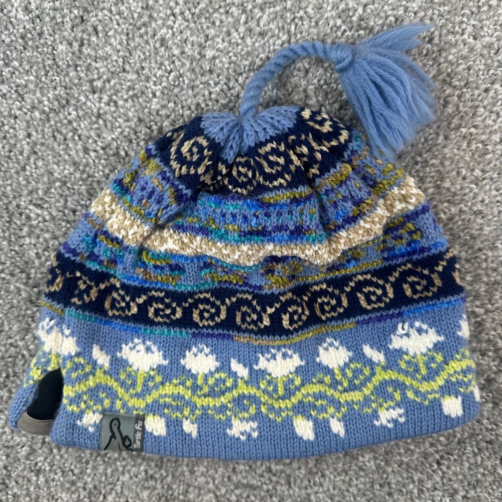 Turtle Fur Adult Blue Fair Isle Knit Beanie Fleece Lined Wool Blend Tassel Hat